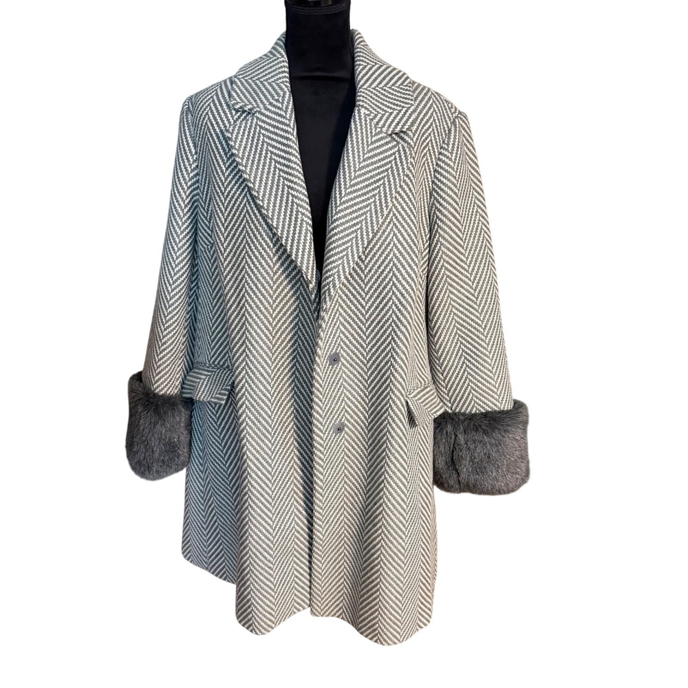 Lane Bryant Herringbone Coat 18/20 Grey Faux Fur Cuffs Wool Blend Mid Length